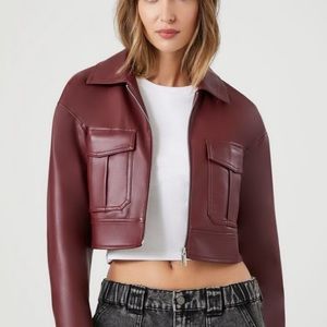 Burgundy Faux Leather Cropped Jacket